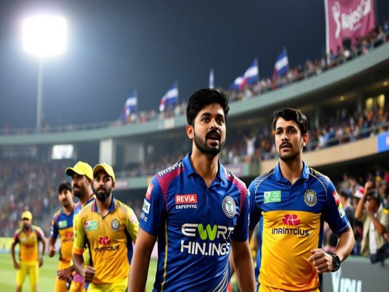 An action shot of a cricket match between Chennai Super Kings and Rajasthan Royals, showcasing players in dynamic poses, with