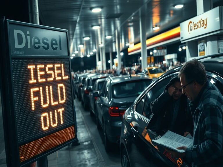 An illustrative image depicting a busy fuel station with visibly distressed drivers, reflecting the urgency of the diesel fue