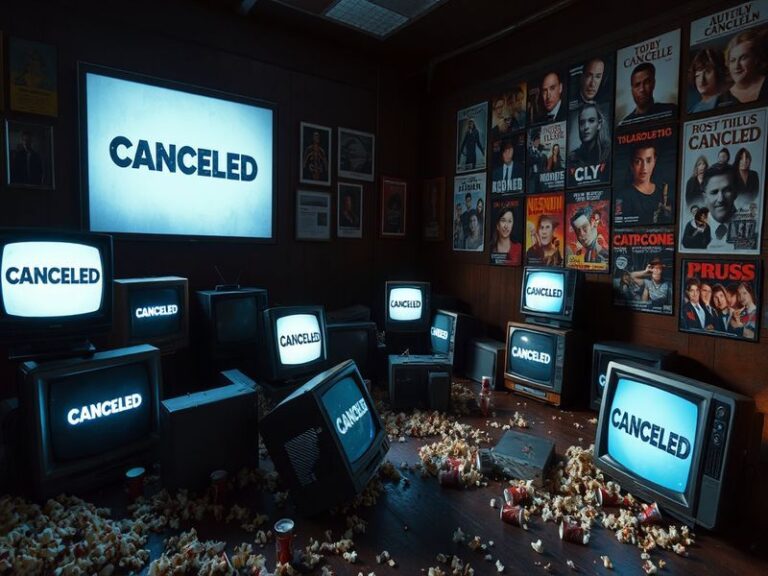 A collage of images representing canceled TV shows, featuring a mix of dramatic and comedic elements, highlighting fan reacti