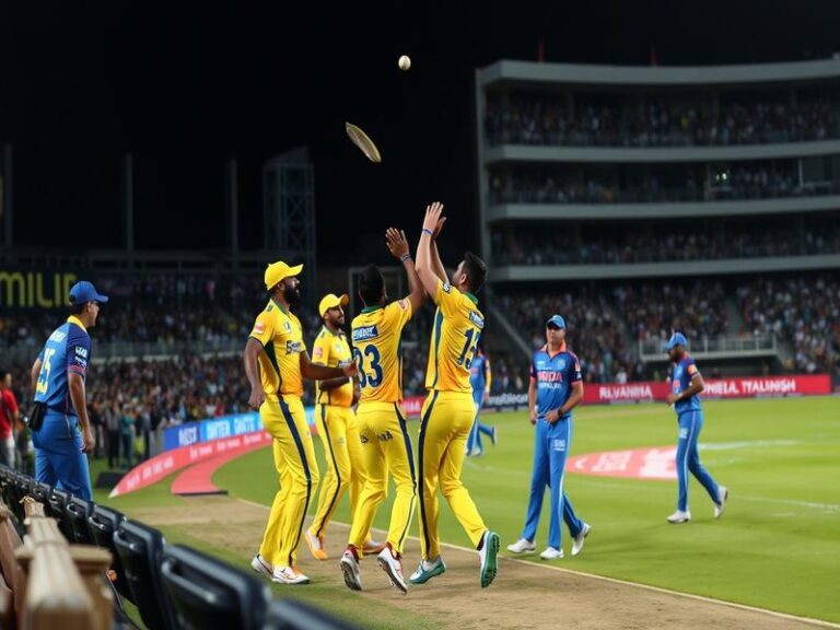 An action shot featuring players from Chennai Super Kings and Rajasthan Royals in a tense moment during a match, showcasing t