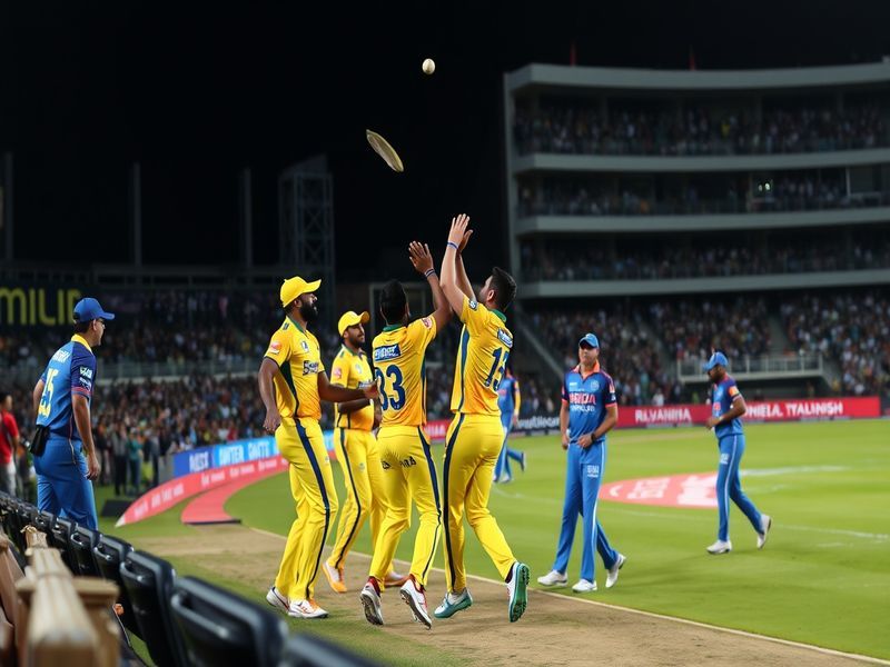 An action shot featuring players from Chennai Super Kings and Rajasthan Royals in a tense moment during a match, showcasing t