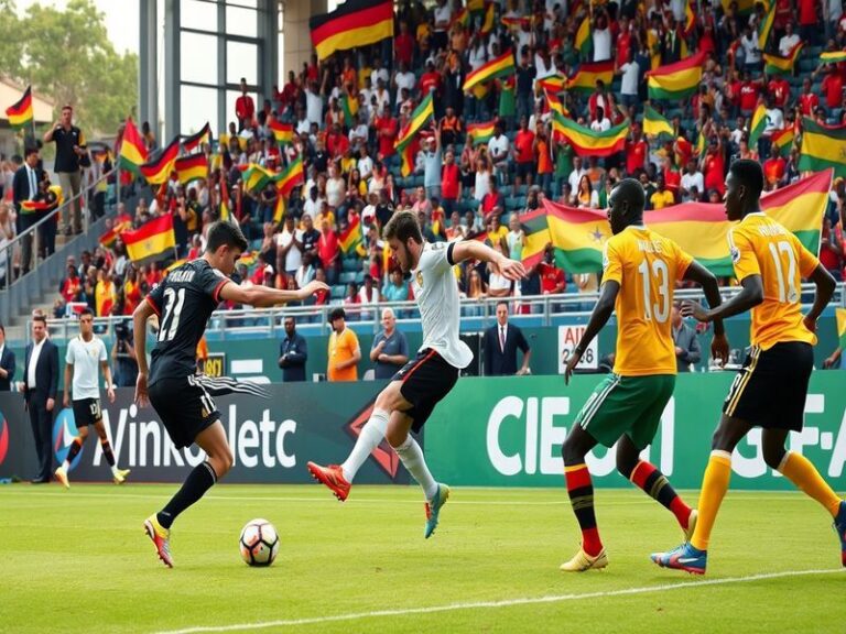 An action-packed moment from a Germany vs Ghana football match, showcasing players in vibrant jerseys, a packed stadium, and