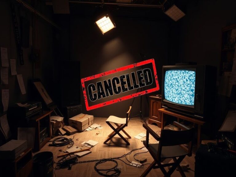 A collage of logos from canceled TV shows of 2026, with a somber tone reflecting the disappointment of fans.