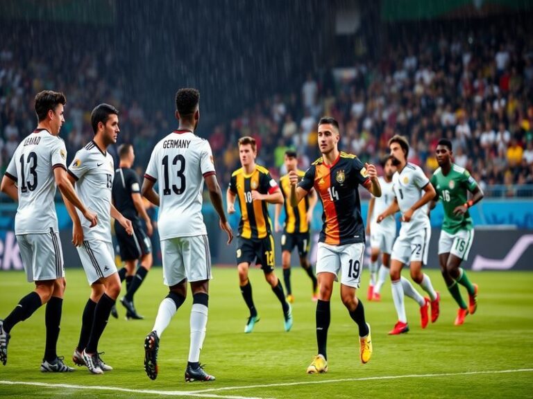 An action shot from a Germany vs Ghana football match, showcasing players in dynamic motion, with fans cheering in the backgr