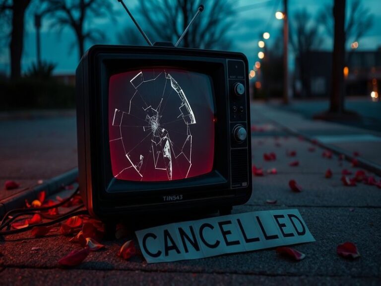 A collage of popular canceled TV shows from 2026, featuring dramatic scenes and key characters, set against a backdrop of a t