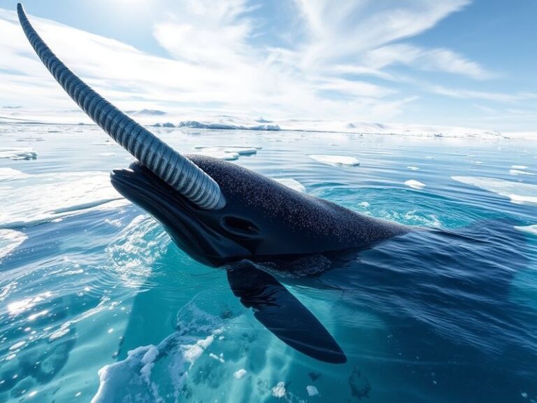 An evocative image of a narwhal swimming gracefully in icy waters, showcasing its distinctive tusk, with a backdrop of shimme