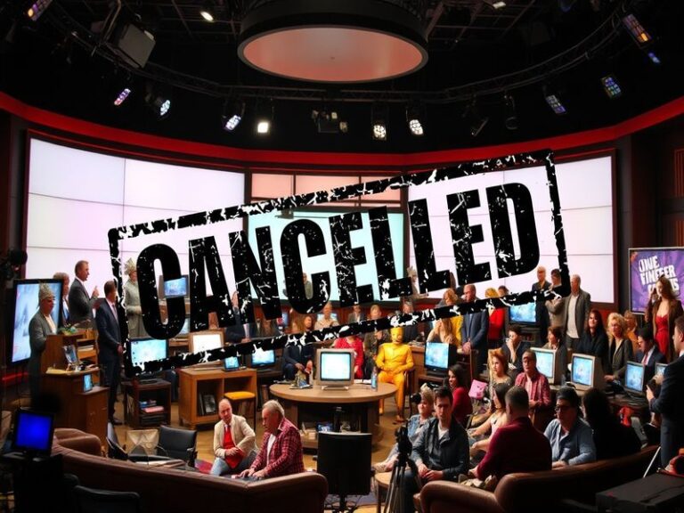 A collage of images featuring scenes from canceled shows of 2026, with a somber yet reflective mood, highlighting the emotion