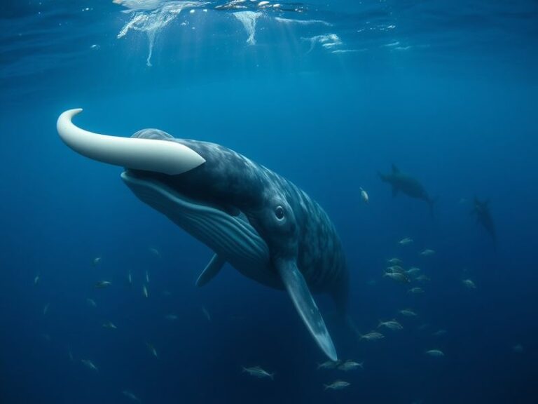 An image depicting a narwhal swimming gracefully in icy waters, showcasing its long tusk, with an Arctic backdrop symbolizing