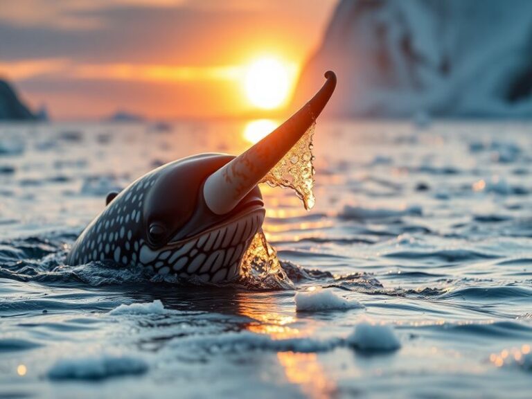 An image of a narwhal swimming in icy Arctic waters, showcasing its long tusk and surrounding marine environment, evoking a s