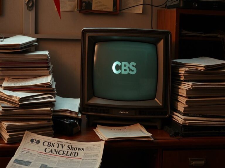 A collage of popular CBS TV show logos with a 'Cancelled' stamp overlay, conveying a sense of loss and change in programming.