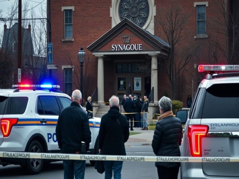 A candlelight vigil held outside a Michigan synagogue, with community members gathered in solidarity, holding candles and sig