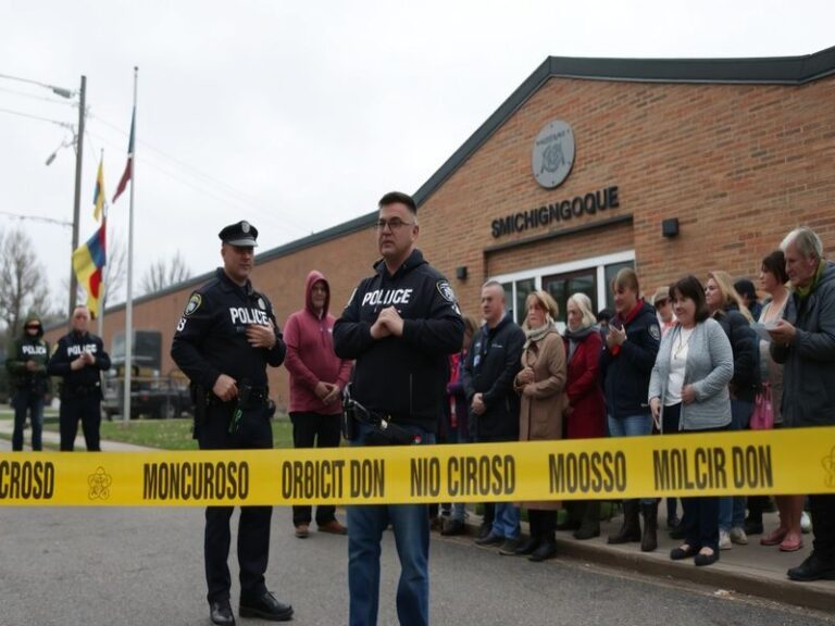A somber scene outside a Michigan synagogue, with community members gathering for a vigil, candles lit in remembrance, and a