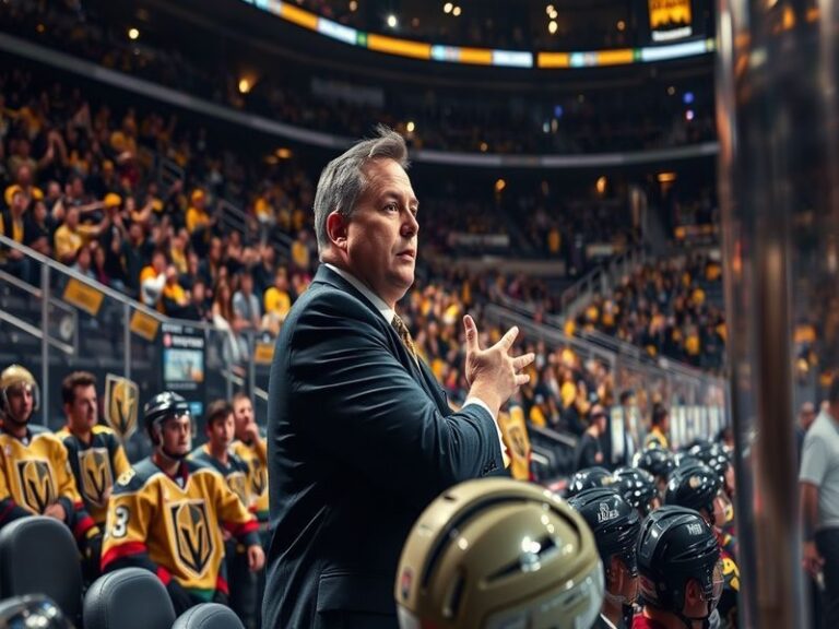 A mid-action shot of Bruce Cassidy on the Vegas Golden Knights' bench during a game, wearing a dark suit and focused expressi