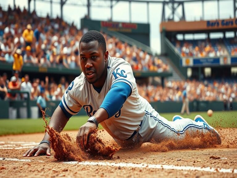 An action shot of Terrance Gore sprinting on the base paths during a game, showcasing his speed and agility in a vibrant stad
