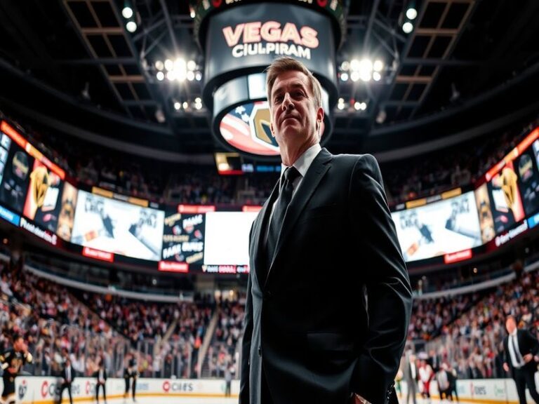 An image of Bruce Cassidy coaching the Vegas Golden Knights, showcasing him on the bench during a game, with players in actio