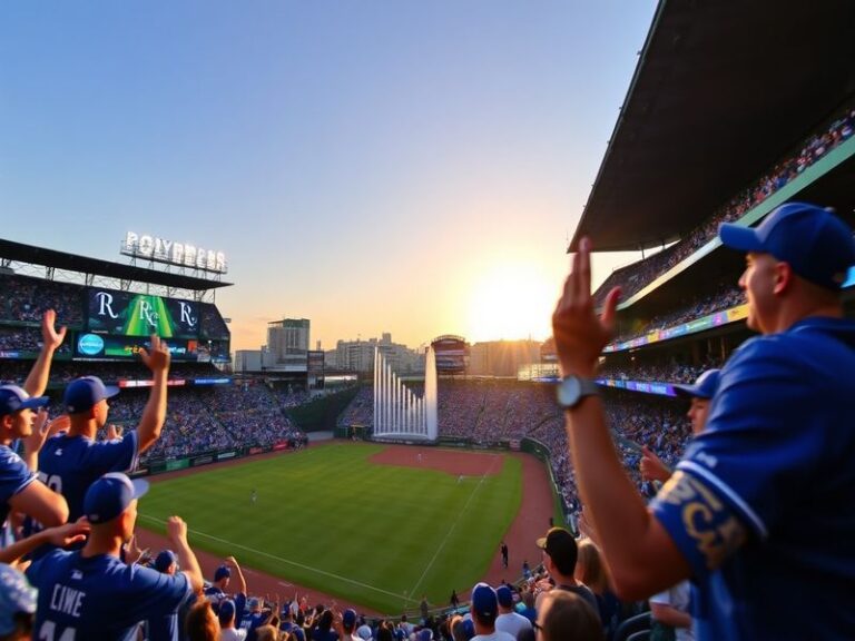 A vibrant stadium filled with fans wearing team colors, cheering passionately for their royal team during a game.