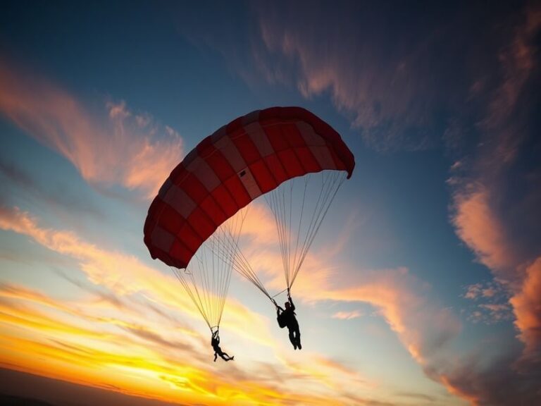 An image of a skydiver descending with an open parachute, showcasing the colorful fabric against a clear blue sky.