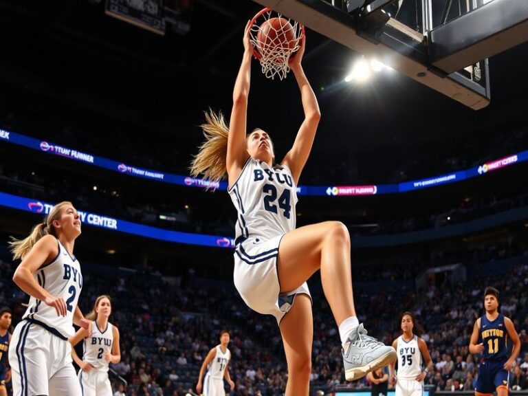A dynamic image of a BYU women's basketball game, showcasing players in action, fans cheering in the stands, and the vibrant