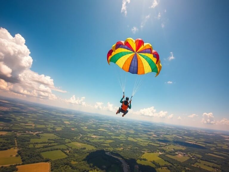 An image of a skydiver descending with an open parachute against a clear blue sky, showcasing the parachute's design and the