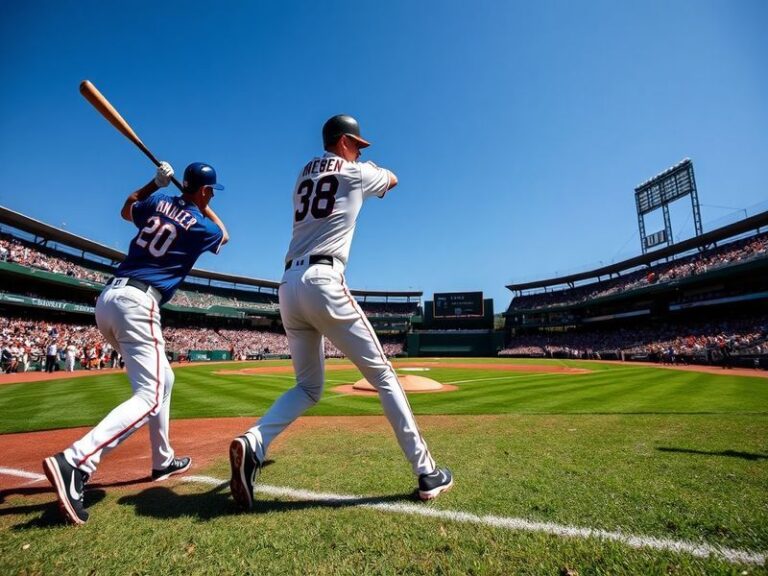 A vibrant baseball field showcasing the Texas Rangers and Baltimore Orioles players in action, highlighting the intensity of
