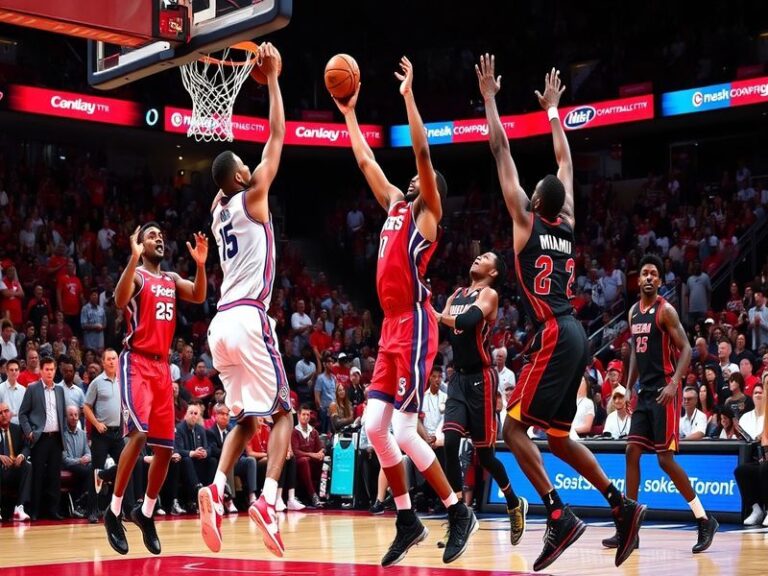 An action shot from a 76ers vs Heat game showcasing players in motion, with Embiid and Butler prominently featured, set in a