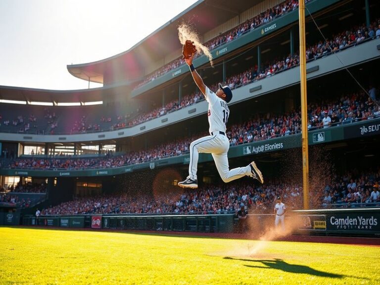 An action shot of a Rangers vs. Orioles game, showcasing players in dynamic poses with fans cheering in the background, highl