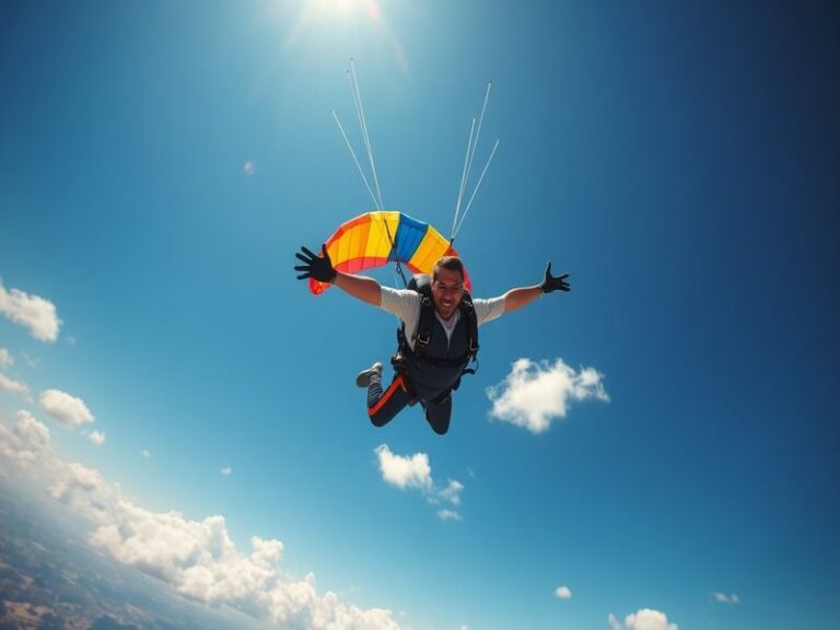 An aerial view of a skydiver gracefully descending with an open parachute, showcasing vibrant colors against a clear blue sky