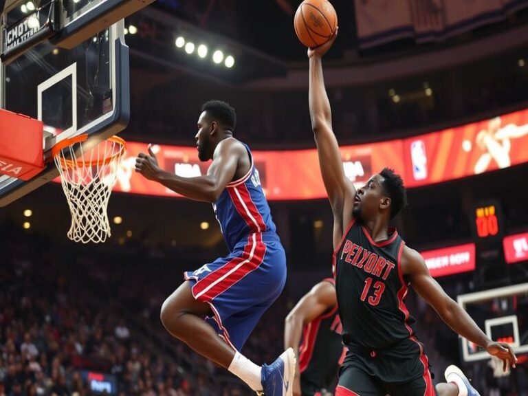 An action-packed scene from a 76ers vs Heat game, showcasing players in dynamic motion, with fans in the background cheering