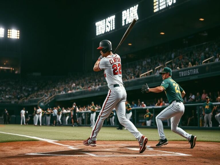 A vibrant baseball stadium filled with enthusiastic fans cheering for the Athletics and Braves, capturing the excitement of a