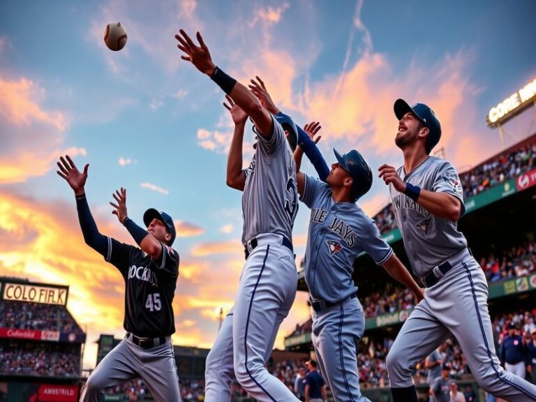 An action-packed moment from a Rockies vs. Blue Jays game, showcasing players in dynamic poses with fans cheering in the back
