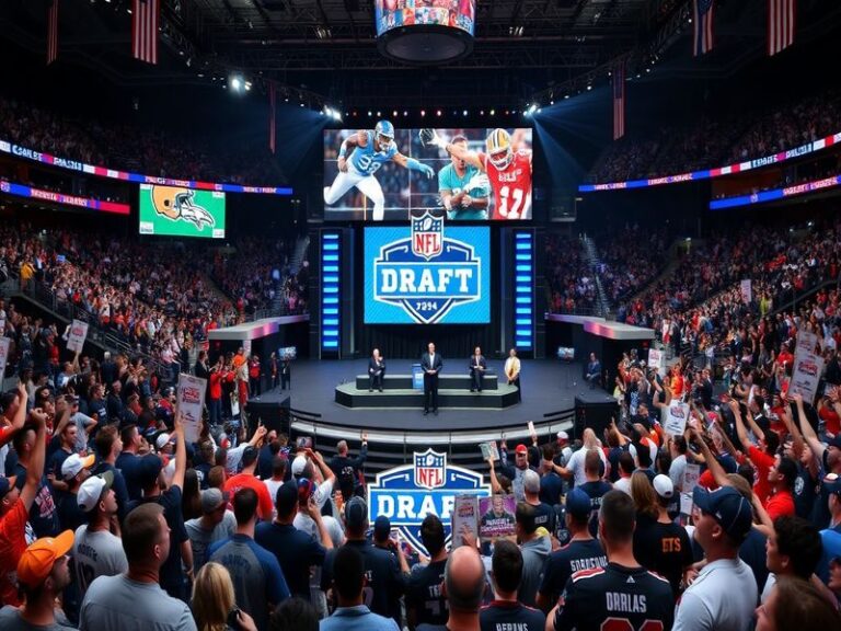 An image of a packed NFL draft venue, with excited fans wearing team jerseys, banners, and a large stage displaying team logo