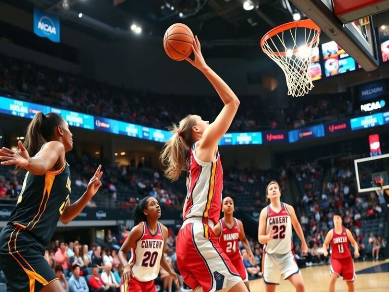 An action-packed scene from a women's basketball game during March Madness, showcasing players in uniform, an intense atmosph