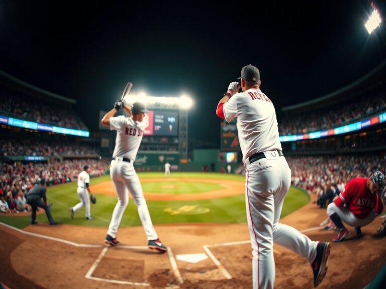 A dynamic scene from a Red Sox vs Astros game, featuring players in action, the crowd cheering, and the iconic ballpark setti