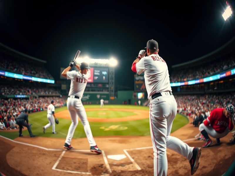 A dynamic scene from a Red Sox vs Astros game, featuring players in action, the crowd cheering, and the iconic ballpark setti