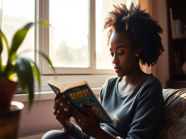 A portrait of Madison Booker surrounded by books, showcasing her thoughtful expression and creative environment.