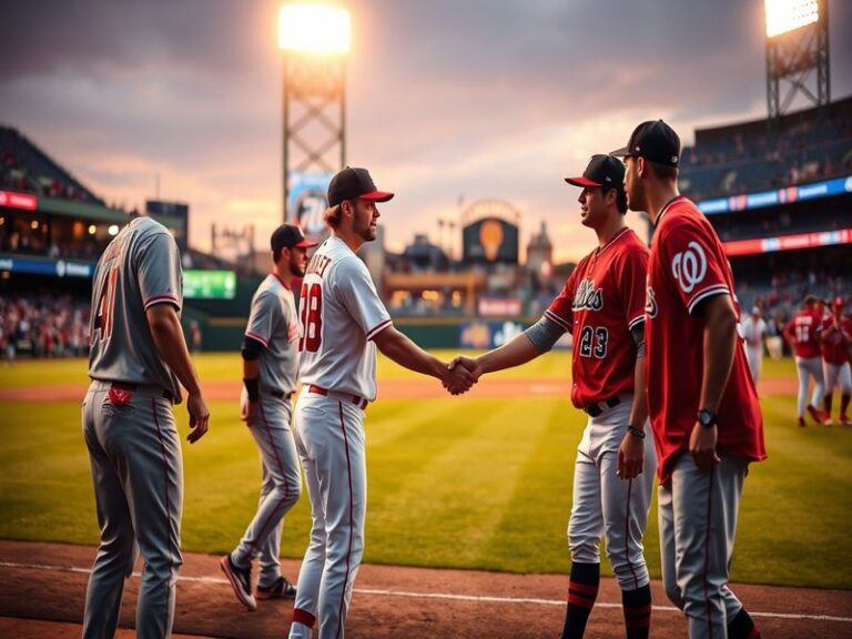A vibrant scene from a Phillies vs. Nationals game showcasing fans in team colors, excitement in the stands, and players on t