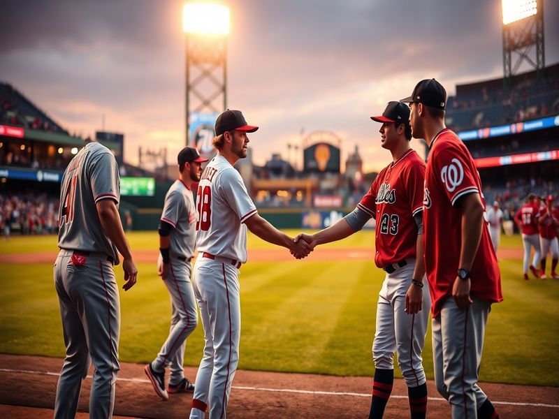 A vibrant scene from a Phillies vs. Nationals game showcasing fans in team colors, excitement in the stands, and players on t