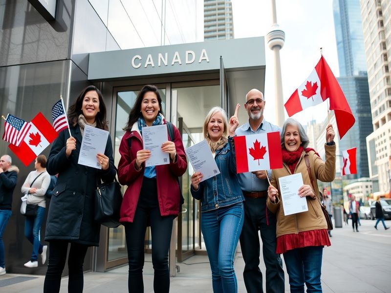 A scenic view of the Canadian landscape featuring a diverse group of individuals smiling, symbolizing unity and new beginning