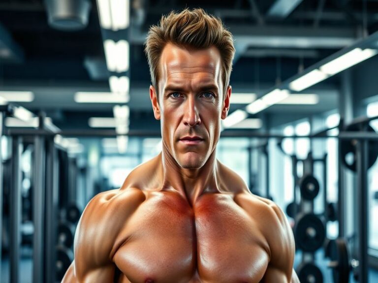 A portrait of Joseph Baena in a gym setting, showcasing his dedication to fitness, with weights and motivational posters in t