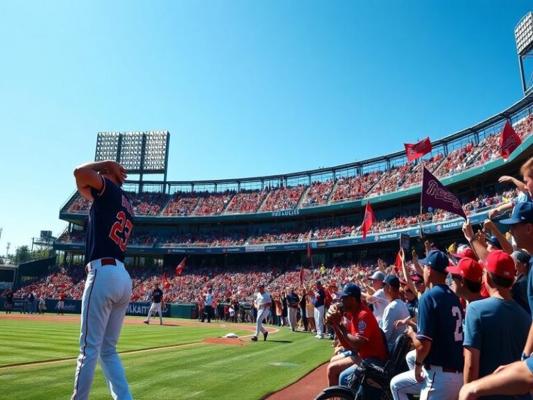 A vibrant image of a baseball stadium filled with fans, showcasing the excitement of a game day atmosphere, with players on t