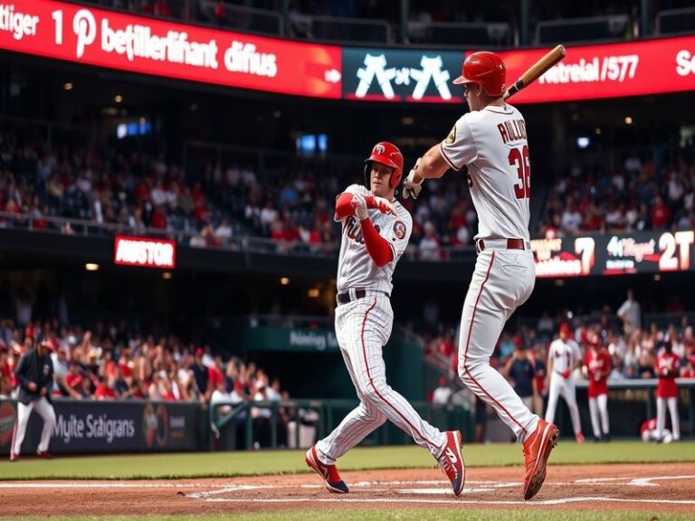 A vibrant image depicting a thrilling Phillies vs. Nationals game, showcasing fans in team colors, energetic atmosphere, and
