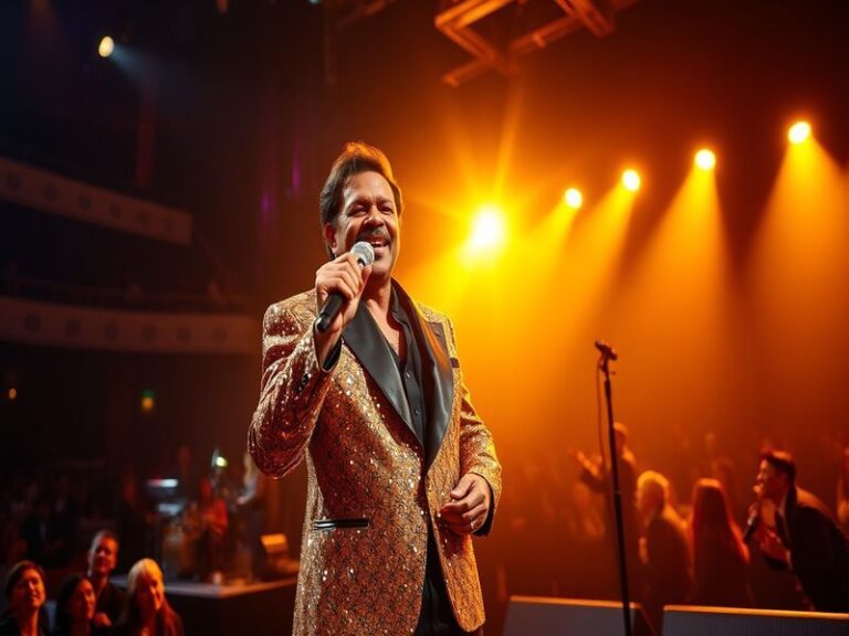 A vibrant concert scene featuring Lionel Richie on stage, with a lively audience enjoying a performance, highlighting the ene
