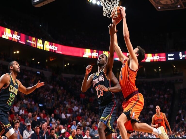 Action shot of Cavaliers and Jazz players on the court, showcasing intense competition and team dynamics during a game.