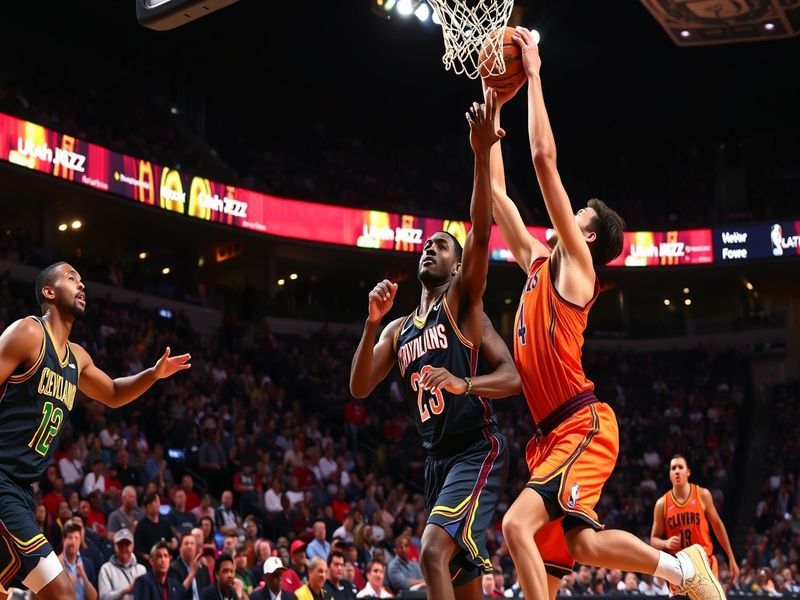 Action shot of Cavaliers and Jazz players on the court, showcasing intense competition and team dynamics during a game.