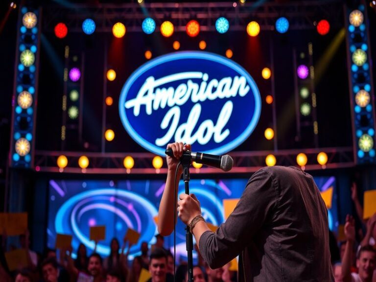 A vibrant stage set for American Idol, featuring colorful lights, a microphone stand, and an audience eagerly awaiting perfor