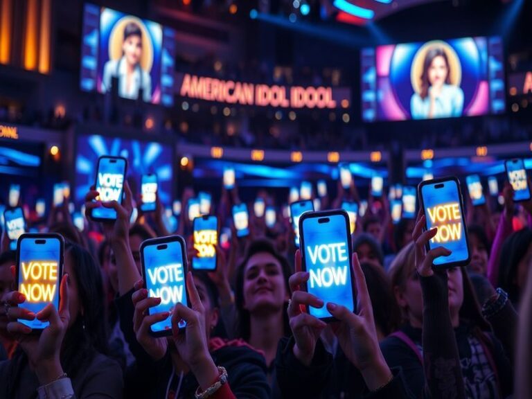 An engaging visual of American Idol contestants performing on stage, with an enthusiastic audience and vibrant lighting to ca
