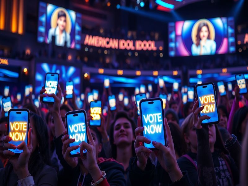 An engaging visual of American Idol contestants performing on stage, with an enthusiastic audience and vibrant lighting to ca