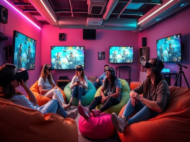 An engaging virtual reality scene showing diverse users playing games and creating content in Rec Room, with colorful graphic