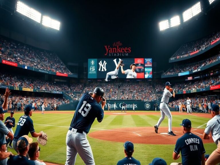 A vibrant image capturing a thrilling moment during a Yankees vs Mariners game, showcasing players in action, enthusiastic fa