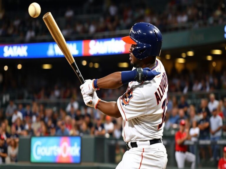 A dynamic action shot of Yordan Alvarez at the plate, showcasing his powerful swing during a game, with the stadium filled wi